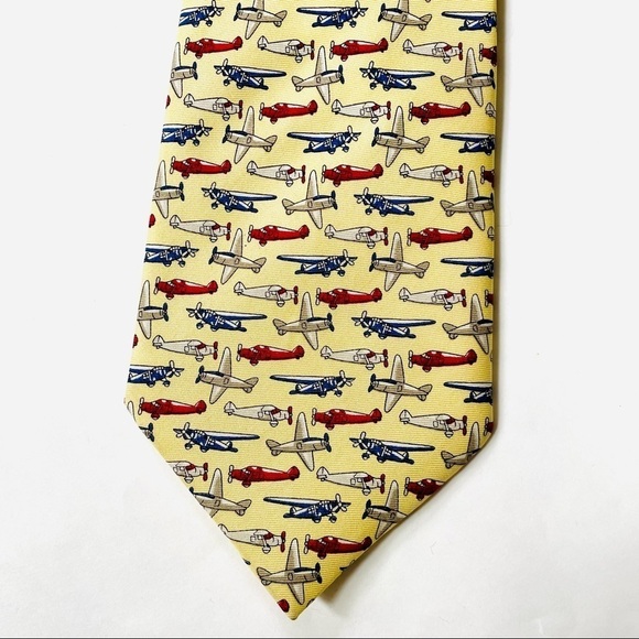 Vintage Rivety of Boston Cream Yellow Gibbon Aviation Plane Print 100% Silk Tie - Picture 6 of 7
